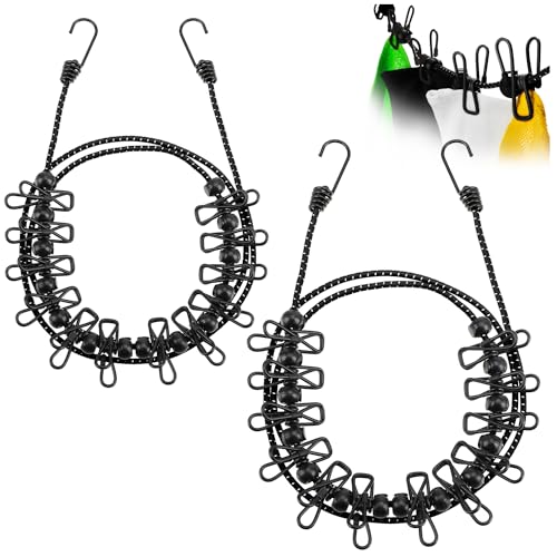 COM-FOUR® 2X Reisewäscheleine - 180-350 cm je Leine- Camping Wäscheleine mit reflektierendem Spanngummi - Wäscheleine mit je 12 Metall Klammern - Mobile Wäscheleine mit Haken (schwarz/schwarz) von com-four