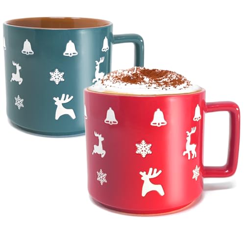 com-four® 2X Weihnachtlicher Kaffeebecher XL aus Porzellan 450 ml - Grün und Rot - Festliche Tasse mit Weihnachtsmotiv - Christmas Coffee Cup - Zweifarbige Weihnachtstasse (Weihnachtsmotive - 450ml) von com-four