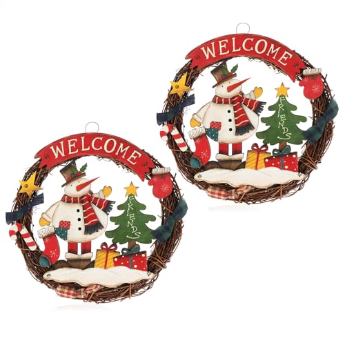 com-four® 2X Weihnachtskranz geflochten - Tür Kranz Welcome für Weihnachten - Weihnachtsdeko zum Hängen - Holzkranz ca. Ø 24 cm (Schneemann - M - 2 Stück) von com-four