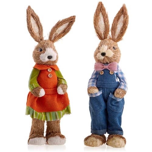 com-four® 2X XL Stroh Osterhase handgemacht - 44 cm Deko-Osterhase zur Osterdekoration - Strohfiguren für Ostern - Deko-Hase aus Stroh - süßes Hasenpaar - Hasenfiguren (02 Stück 44cm Frau+Mann) von com-four