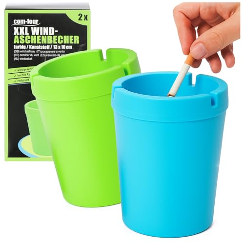 com-four® 2x XXL Aschenbecher für draußen - Windaschenbecher - Sturmaschenbecher mit Deckel - Autoaschenbecher, Ø 10 cm (grün + blau) von com-four