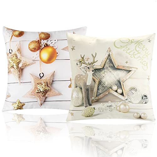 com-four® 2X Zierkissenbezug 45x45cm - Set Kissenhüllen mit Weihnachtsmotiv - dekorativer Bezug für Dekokissen, Sofakissen und Wurfkissen - Oxford-Gewebe (2X - Hirsch+Sterne) von com-four
