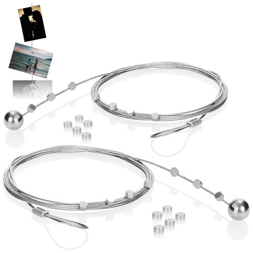 com-four® 2er-Set Fotodrahtseil mit 24 Magneten, circa 200 cm x 1,2 mm, aus Metall - Fotodraht mit Magneten zum Aufhängen von Fotos (02 Stück) von com-four