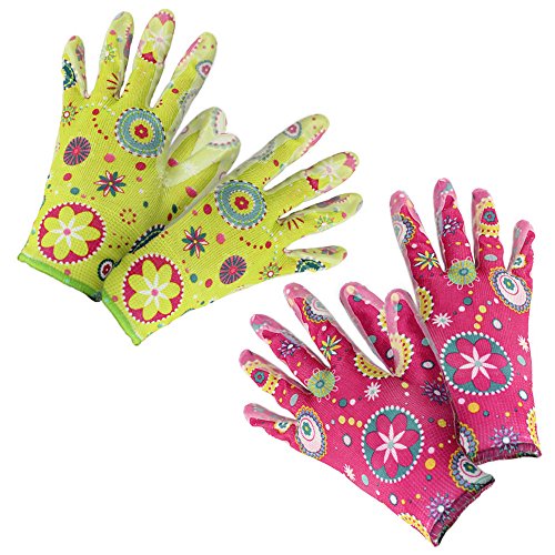 com-four® 2er Set Premium Handschuhe für Garten und Arbeit - Boden- und Pflanzhandschuhe Flower-Power, Größe 8 in grün & pink (02 Paar - Flower grün/pink) von com-four