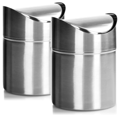 com-four® 2x Abfalleimer mit Schwingdeckel - eleganter Tischmülleimer aus Edelstahl - kompakter Kosmetikeimer fürs Bad - Küchenabfalleimer - Mini-Mülleimer (2x silberfarben - Edelstahl) von com-four