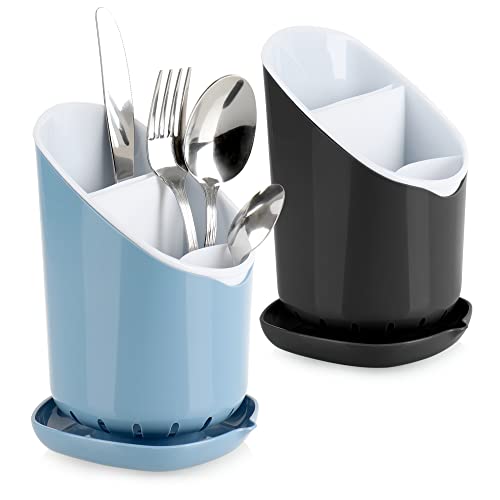 com-four® 2x Besteckabtropfkorb - Küchenutensilienhalter aus Kunststoff - Besteckkorb mit herausnehmbarer Trennwand - Kochlöffelständer - spülmaschinengeeignet (2 Stück - blau/schwarz) von com-four