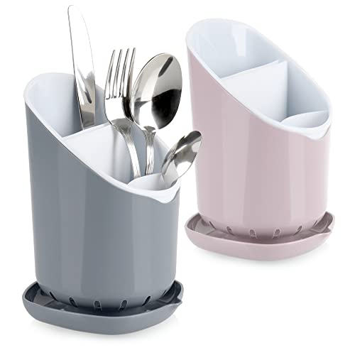 com-four® 2x Besteckabtropfkorb - Küchenutensilienhalter aus Kunststoff - Besteckkorb mit herausnehmbarer Trennwand - Kochlöffelständer - spülmaschinengeeignet (2 Stück - grau/rosa) von com-four