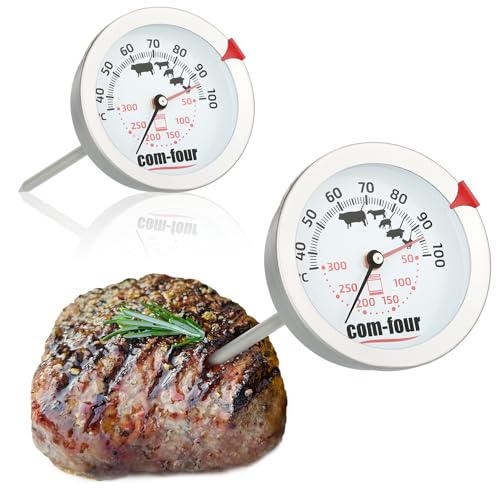 com-four® 2x Bratenthermometer - 2-Zonen Fleischthermometer mit Garpunkt-Kontrollanzeige - analoges Grill- und Ofenthermometer - Fleischnadel aus Edelstahl (2 Stück - 2 Zonen) von com-four