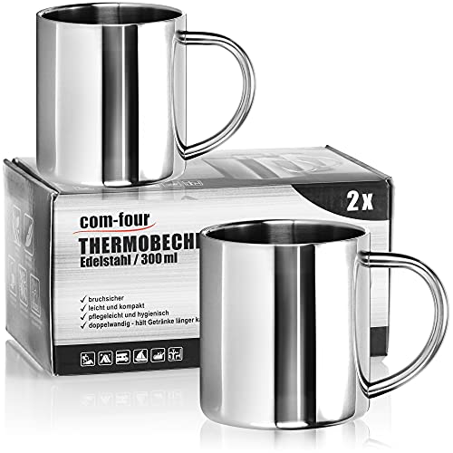 com-four® 2x Edelstahl Thermobecher - 300 ml je Becher - Isolierbecher doppelwandig - Kaffeetasse bruchsicher - Thermo-Trinkbecher - Camping Becher - Tasse - BPA-frei (300ml) von com-four