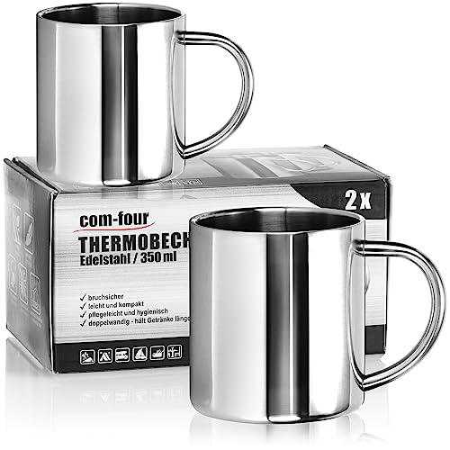 com-four® 2x Edelstahl Thermobecher - 350 ml je Becher - Isolierbecher doppelwandig - Kaffeetasse bruchsicher - Thermo-Trinkbecher - Campingtasse - spülmaschinengeeignet (350ml) von com-four