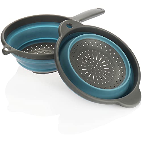 com-four® 2x Faltbare Küchen-Siebe mit und ohne Stiel, zusammenklappbares Silikonsieb, Nudelsieb, Abtropfsieb für Nudeln, Gemüse, Obst (2 Stück - blau/grau mit/ohne Stiel) von com-four