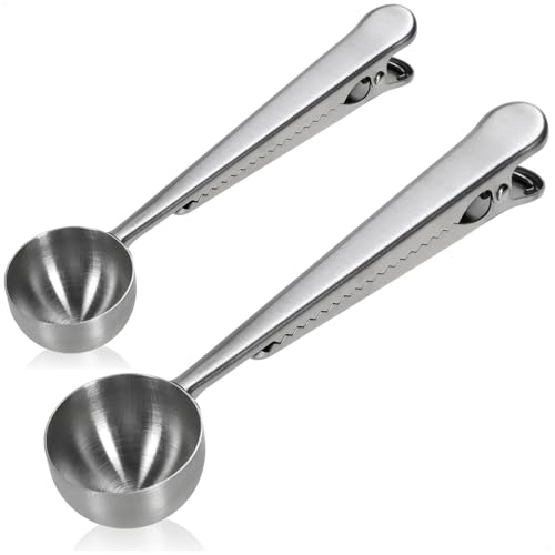 com-four® 2x Kaffee-Dosierlöffel mit Verschlussklemme - Löffel für Kaffeepulver, Tee & Gewürze - Rostfreier Stahl mit Clip zum luftdichten Verschließen von Beuteln - Spülmaschinengeeignet von com-four