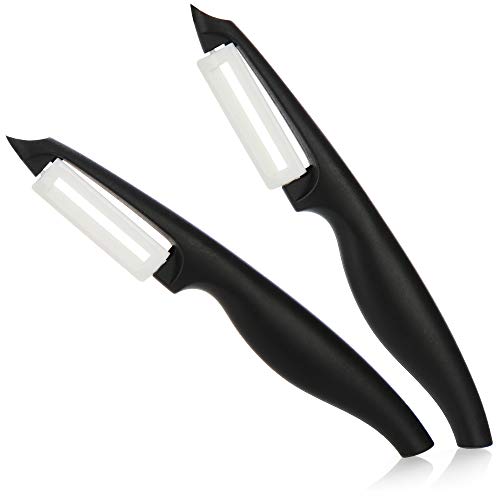 com-four® 2x Keramik Sparschäler für Obst und Gemüse - Universalschäler besonders scharf - Schäler mit Pendelklinge, Keramikschäler, Gemüseschäler, Obstschäler, Küchenschäler (2 Stück - schwarz) von com-four