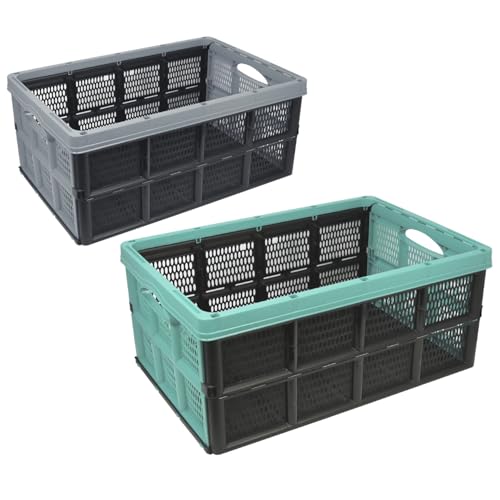 com-four® 2x Klappbox 32l - Transportbox mit Griffen - Stabile Aufbewahrungsbox - Einkaufskorb zusammenklappbar[Auswahl variiert] (50.5x33x22cm - 02 Stück - Mix) von com-four