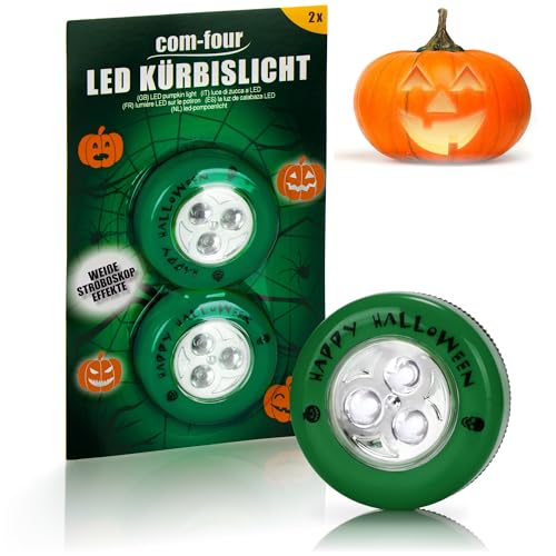 com-four® 2x LED-Licht für Halloween - Stroboskop Effekt - Blinkende Kürbis LED Lichter für ausgehölte und geschnitzte Kürbisse - Kürbis-Lampe für Halloween (Set LED - 2x grün) von com-four