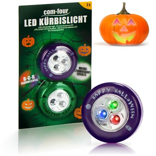 com-four® 2x LED-Licht für Halloween - Farbwechsel, Stroboskop Effekt - Blinkende Kürbis LED Lichter für ausgehölte und geschnitzte Kürbisse - Kürbis-Lampe für Halloween (Set LED - grün + lila) von com-four