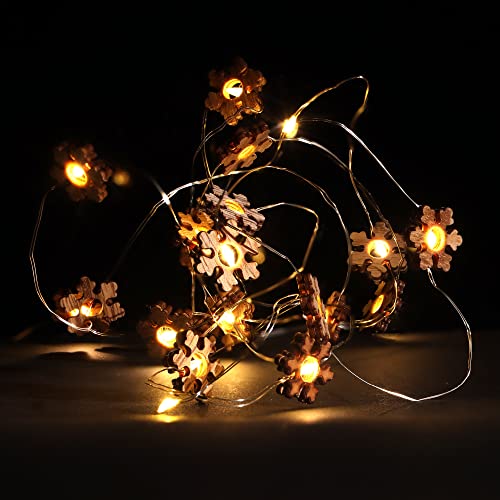 com-four® 2x LED Lichterkette mit Timer - energiesparende Weihnachtsbeleuchtung - Lichterkette mit 20 LED-Schneeflocken aus Holz - Weihnachtdekoration für Innen (2 Stück - Schneeflocken) von com-four