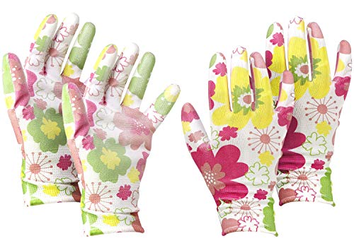 com-four® 2X Paar Gartenhandschuhe in Größe 8 (M) - Schutz-Handschuhe im Blumen-Design für Damen - Arbeitshandschuhe mit Gummibeschichtung (02 Paar - weiß/bunt - Größe M) von com-four