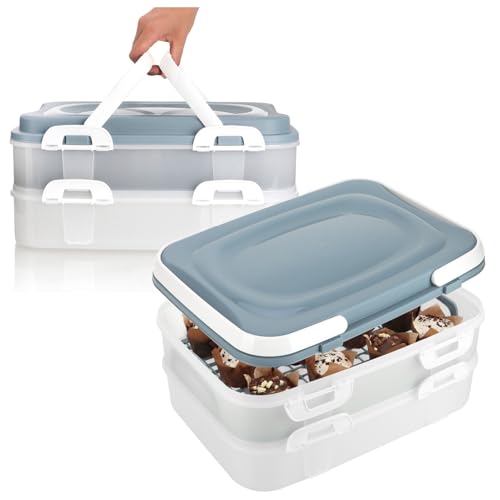 com-four® 2x Partycontainer mit je 2 Etagen und Hebeeinsatz - Kuchen-Transportbox - Lebensmittel-Frischebox - Kuchencontainer mit Tragegriffen - Muffinbehälter (2 Stück pastell blau-grau) von com-four
