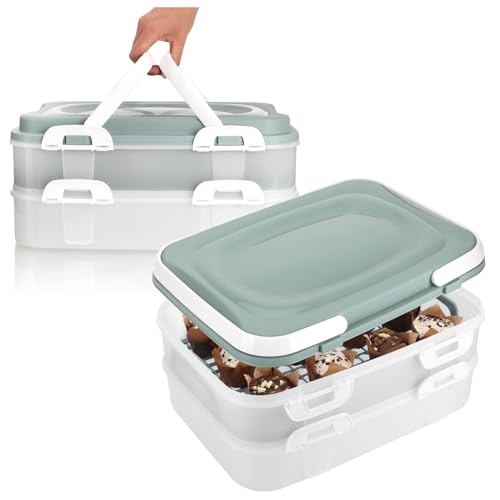 com-four® 2x Partycontainer mit je 2 Etagen und Hebeeinsatz - Kuchen-Transportbox - Lebensmittel-Frischebox - Kuchencontainer mit Tragegriffen - Muffinbehälter (2 Stück pastell blau-grün) von com-four