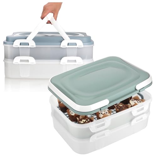 com-four® 2x Partycontainer mit je 2 Etagen und Hebeeinsatz - Kuchen-Transportbox - Lebensmittel-Frischebox - Kuchencontainer mit Tragegriffen - Muffinbehälter (2 Stück pastell blau-grün/blau-grau) von com-four