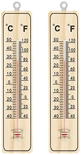 com-four® 2X Thermometer - Holz-Thermometer für drinnen - Temperaturmesser mit Skala in Grad Celsius und Grad Fahrenheit (02 Stück - 22x5x1cm) von com-four