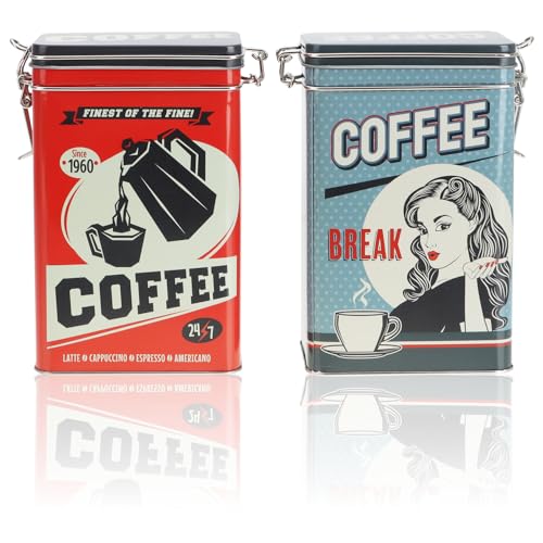 com-four® 2x Vorratsdose aus Metall - Kaffeedose mit verschließbarem Deckel - Metallbehälter im Retro-Design für Lebensmittel - Aufbewahrungsbox [Auswahl variiert] (02 Stück - bunt Kaffee) von com-four