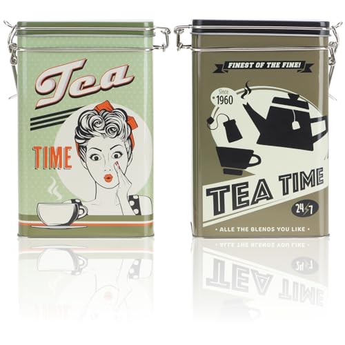 com-four® 2x Vorratsdose aus Metall - Teedose mit verschließbarem Deckel - Metallbehälter im Retro-Design für Lebensmittel - Aufbewahrungsbox [Auswahl variiert] (02 Stück - bunt Tee) von com-four
