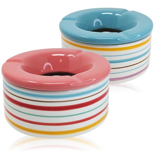 com-four® 2x Windaschenbecher XL - Großer Aschenbecher aus Porzellan - Premium Sturmaschenbecher mit farbigen Streifen - 13,5 x 7 cm (2 Stück - pink/blau) von com-four