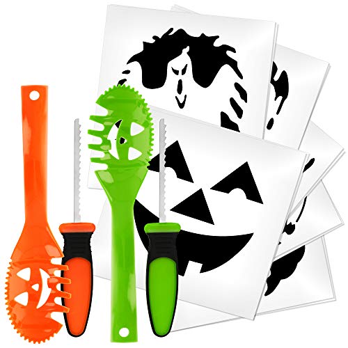com-four® 2x hochwertiges Set zum Aushöhlen von Kürbissen mit Kürbislöffel und gruseligen Schnitz-Vorlagen für Halloween (02 Stück - Löffel mit Vorlagen) von com-four