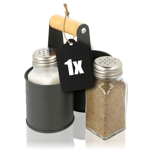 com-four® 3-teiliges Gewürzstreuer Set aus Glas - Salz und Pfeffer mit passender Halterung aus Metall (01 Stück - Mit Halterung) von com-four