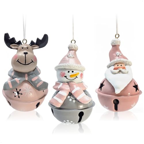 com-four® 3-teiliges Hängedeko Set aus Polyresin - Weihnachtsmannfigur, Schneemannfigur und Rentierfigur zum Aufhängen - weihnachtliche Dekoration - Weihnachtsdeko (braun grau rosa) von com-four