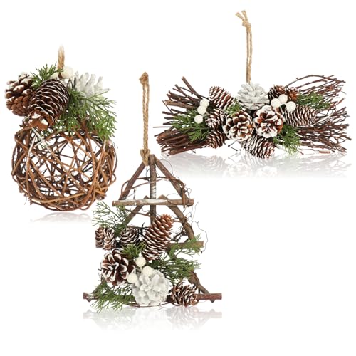 com-four® 3-teiliges Hänger-Set für Weihnachten - Hängedekoration für Fenster und Tür - Christbaumhänger Baum, Kugel, Gesteck für winterliche Gestaltung - handgemachter Raumschmuck (3 Stück - Mix) von com-four