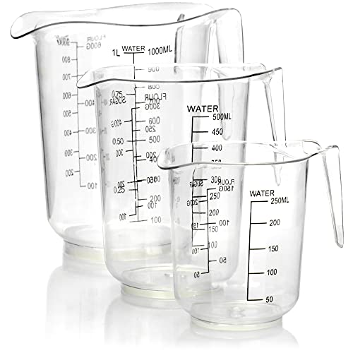 com-four® 3-teiliges Messbecher Set mit Messkannen in verschiedenen Größen - Meßbecher mit Skala in Milliliter und Gramm - 1000 ml, 500 ml, 250 ml von com-four