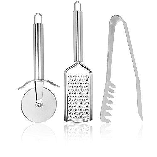 com-four® 3-teiliges Pizza und Pasta Set aus Edelstahl, Servierzange, Pizzaschneider, Käsereibe - Küchenhelfer - Pizzaroller - Nudelzange von com-four
