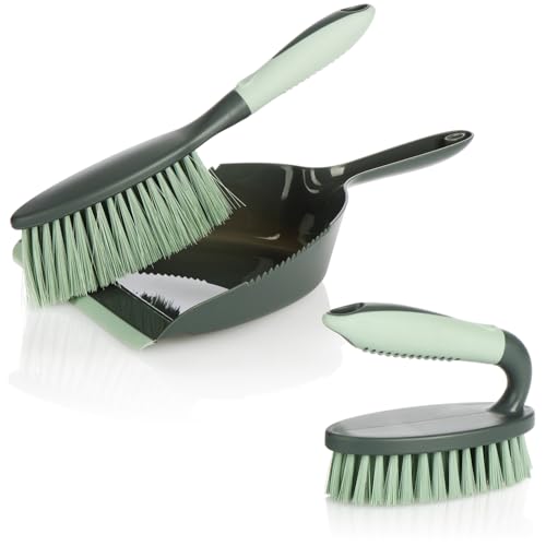 com-four® 3-teiliges Reinigungs-Set - Handfeger, Kehrschaufel, Handbürste - Kehrgarnitur für den Haushalt - Handfeger und Kehrblech (grau-hellgrün 3-TLG.) von com-four