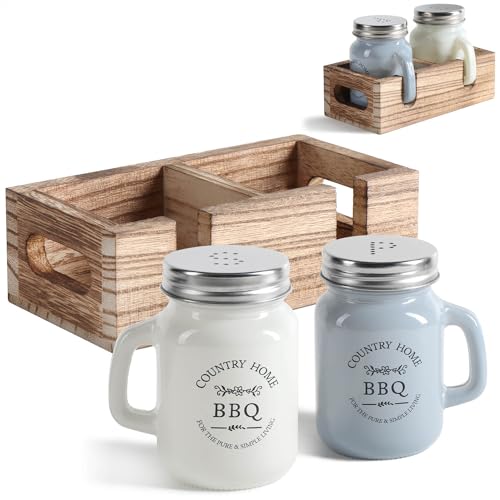 com-four® 3-teiliges Salz- und Pfefferstreuer-Set - Gewürzstreuer in Holzbox - Gewürzglas mit Aufschrift in Bierkrug-Form, Schraubdeckel, Henkel und Aufbewahrungsbehälter (3-teilig - Glas mit Holzbox) von com-four