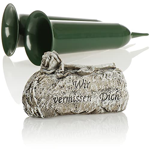com-four® 3-teiliges Set Grab-Deko - Gedenkstein Wir vermissen Dich mit Grabvase - Friedhofsvase mit Erdspieß - Trauerstein mit Rose (1 Stück - Rose mit 2X Vase) von com-four
