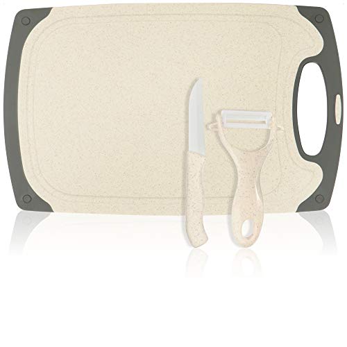 com-four® 3-teiliges Set mit Schneidebrett, Küchenmesser und Sparschäler - Robustes Küchenbrett aus Kunststoff - Hackbrett mit Keramik-Schäler und -Messer für die Küche (cremefarben) von com-four