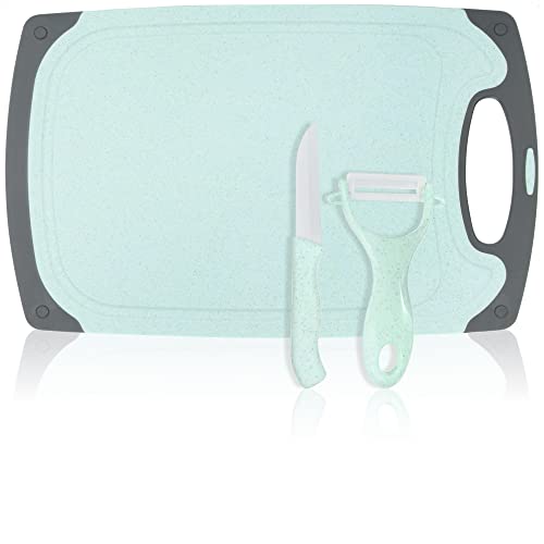 com-four® 3-teiliges Set mit Schneidebrett, Küchenmesser und Sparschäler - Robustes Küchenbrett aus Kunststoff - Hackbrett mit Keramik-Schäler und -Messer für die Küche (türkis) von com-four