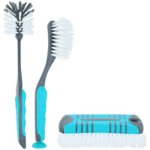 com-four® 3-teiliges Spülbürsten und Scheuerbürsten Set - Spülbürste mit Saugnapf - runde Scheuerbürste für Geschirr - Lange Scheuerbürste für Boden und Wände von com-four
