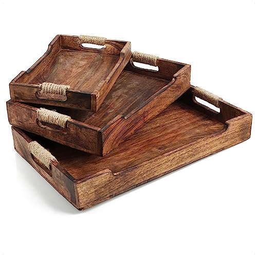 com-four® 3-teiliges Tablett-Set aus Holz - Holztablett in 3 Größen - große Dekoschalen in rustikaler Optik - Serviertablett - wiederverwendbar (03 Stück - Tablett braun) von com-four