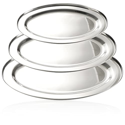 com-four® 3-teiliges Tablett-Set - ovales Tablett zum Servieren und dekorieren - Dekoteller aus Edelstahl in 3 Größen - Servierschale (1 mal je 34-40-45 cm) von com-four