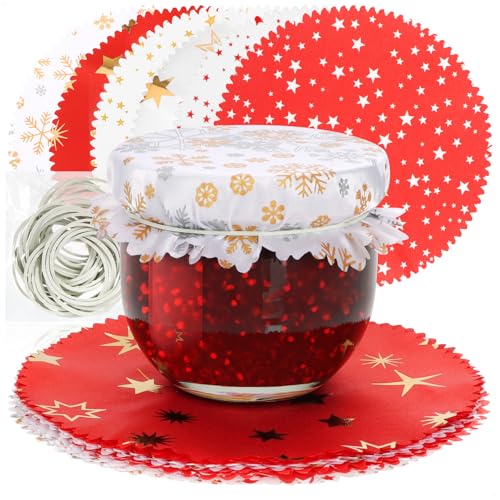com-four® 30x Schmuckdeckchen für Einmachgläser - Marmeladen-Deckchen mit Gummis - weihnachtliches Dekor für Einmachgläser - Gläserdeckchen zum Dekorieren (030 Stück - rot/weiß) von com-four