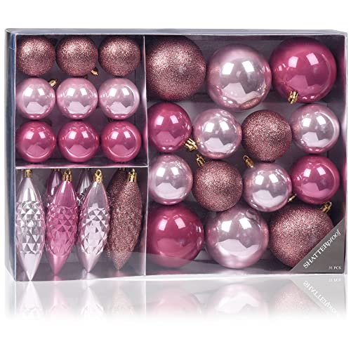 com-four® 31-teiliges Set Hängedeko Weihnachten - Christbaumkugeln und Tannenbaumzapfen aus bruchsicherem Kunststoff für Weihnachten - Christbaumschmuck (pink/rosa - 31-teilig) von com-four