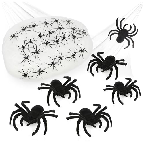 com-four® 32-teiliges Deko-Set für Halloween - 500g dehnbares Spinnennetz mit 31 Deko-Spinnen in 2 Größen - künstliches weißes Spinnengewebe für Halloween, Fasching, Grusel- und Mottoparty von com-four