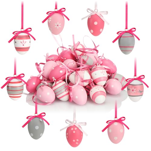 com-four® 36x Ostereier zum Aufhängen 4 cm - Handbemalte Osterdeko mit tollen Mustern - Deko Ostereier in Mehreren Rosa-Farben (rosa/weiß/grau - 01) von com-four