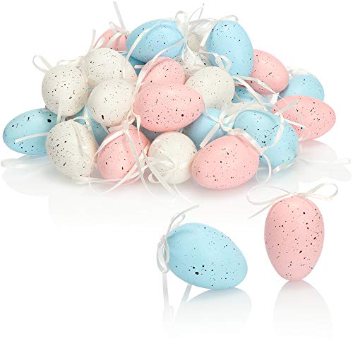 com-four® 36x handbemalte Ostereier zum Aufhängen 6 x 4 cm - pastellfarbene Osterdeko im Wachtelei-Design - Deko-Ostereier zum Aufhängen aus Kunststoff - Hängedeko (36 Stück - blau/weiß/rosa) von com-four