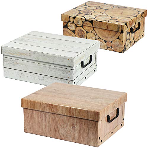 com-four® 3X Aufbewahrungsbox in Holzoptik - Dekokarton, Pappkarton, Kiste, Box mit Deckel und Griffen - zur Aufbewahrung von Unterlagen, Bastelzubehör, Weihnachtskugeln (3 Stück - Motiv-Mix) von com-four