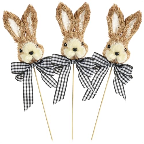 com-four® 3x Blumenstecker im Hasen-Design - Osterhasen-Dekostecker - niedliche Hasenköpfe mit Schleife - Steckdeko für Blumentopf und Beet - Häschen-Pflanzstab - Osterdekoration von com-four